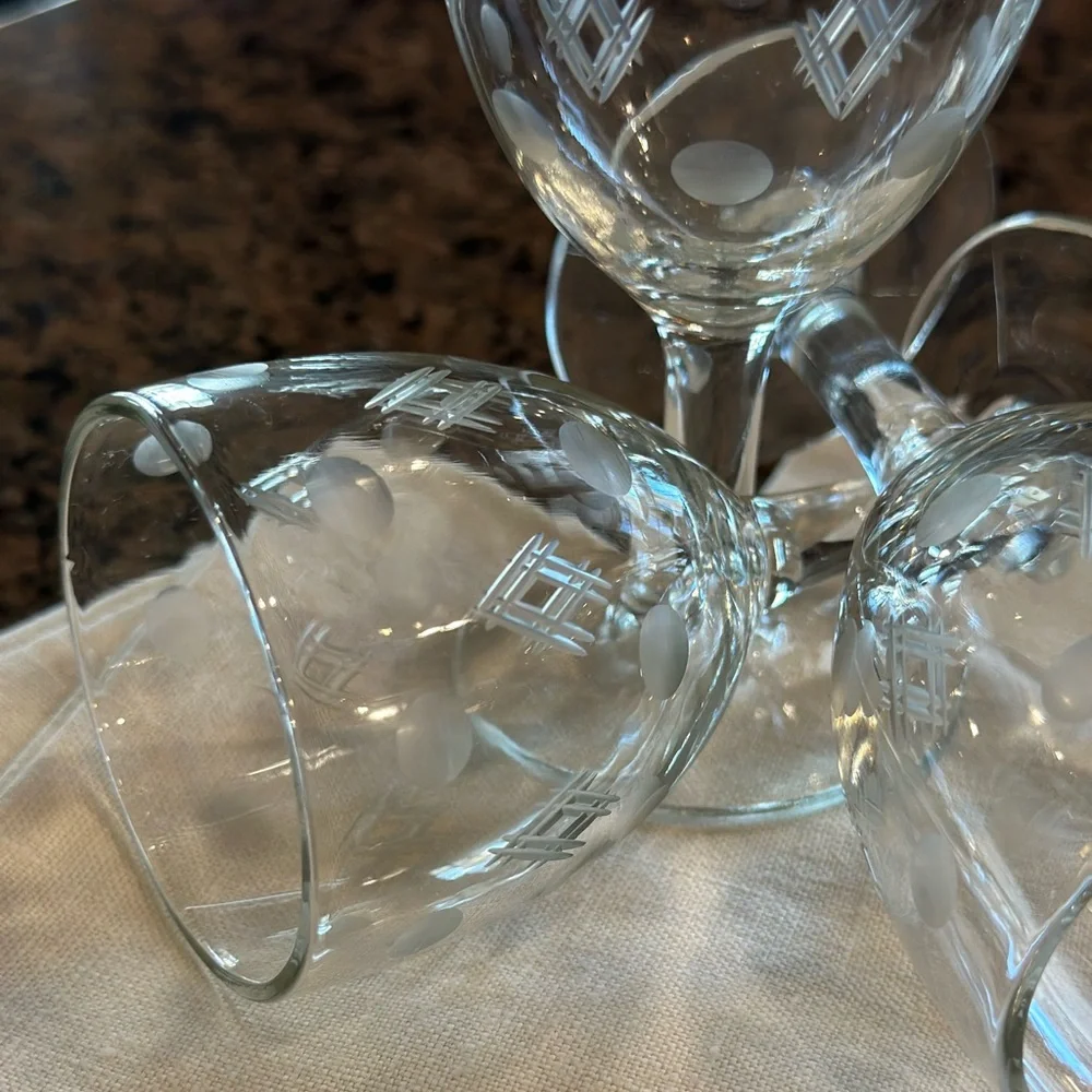 Standard Glass Co Criss Cross and Punties Etched Wine Goblets Set of 3